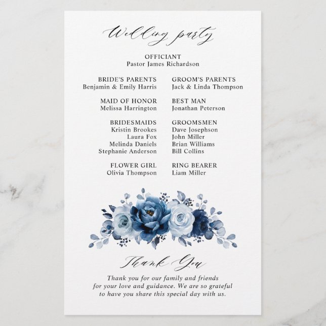 Hochzeitsprogramm für Dusty Blue Slate Navy (Rückseite)