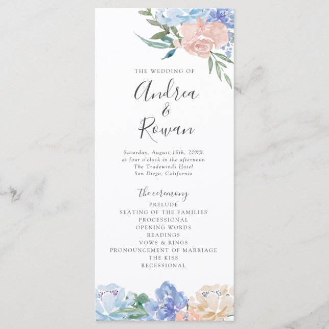 Hochzeitsprogramm für Dusty Blue und Pink Floral Programm (Vorderseite)