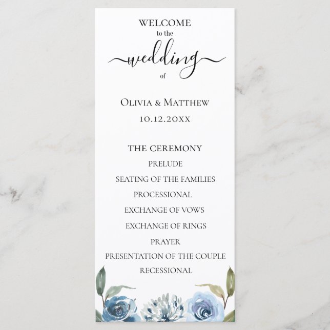Hochzeitsprogramm für Dusty Blue Watercolor Programm (Vorderseite)