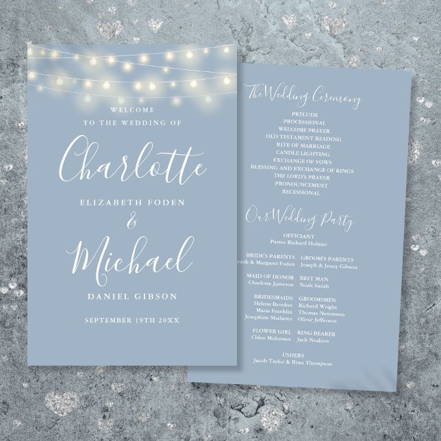Hochzeitsprogramm für dutzende blaue String-Lichte (Dusty Blue String Lights Wedding Program)