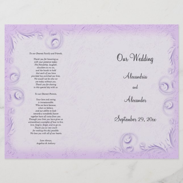 Hochzeitsprogramm für Elegant Lilac Scrollwork (Vorderseite)