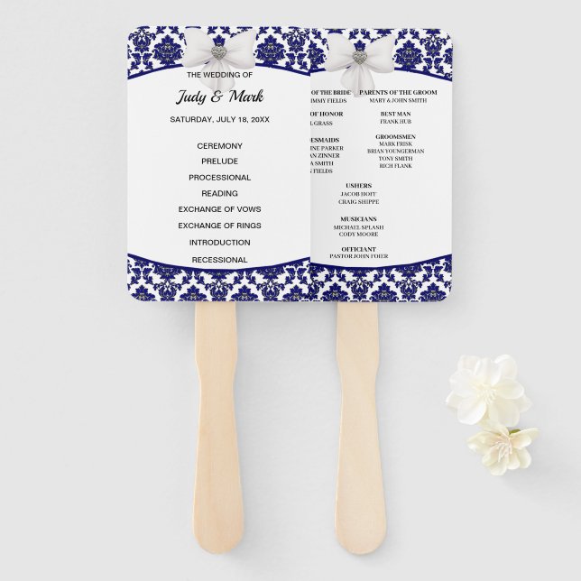 Hochzeitsprogramm für Elegant Navy Blue Damask Fächer (Vorne und Hinten)