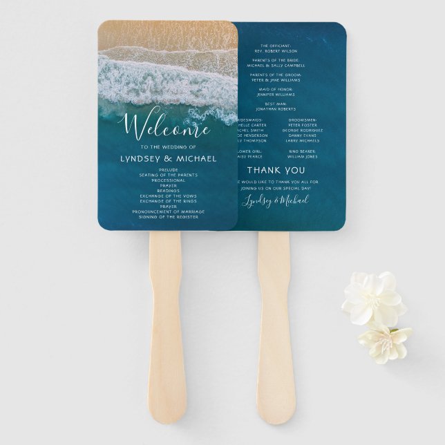 Hochzeitsprogramm für Elegante Beach Blue Ocean Fächer (Vorne und Hinten)