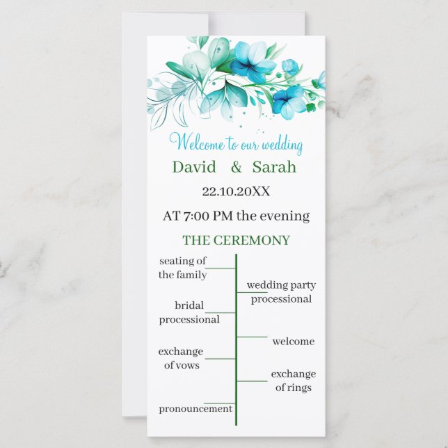 Hochzeitsprogramm für Elegante Blaue Blume (Vorderseite)