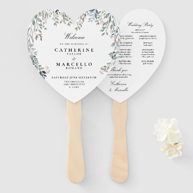 Hochzeitsprogramm für elegante Blumenkaskaden Fächer (Vorne und Hinten)