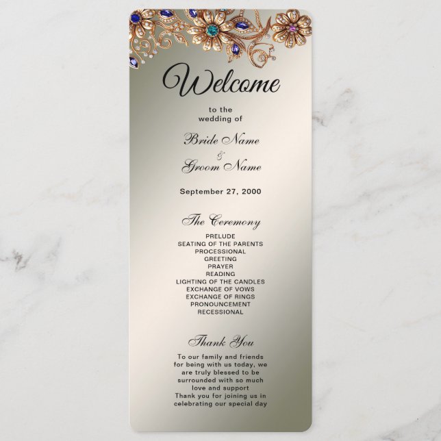Hochzeitsprogramm für elegante Gold Jewel Blume Programm (Vorderseite)