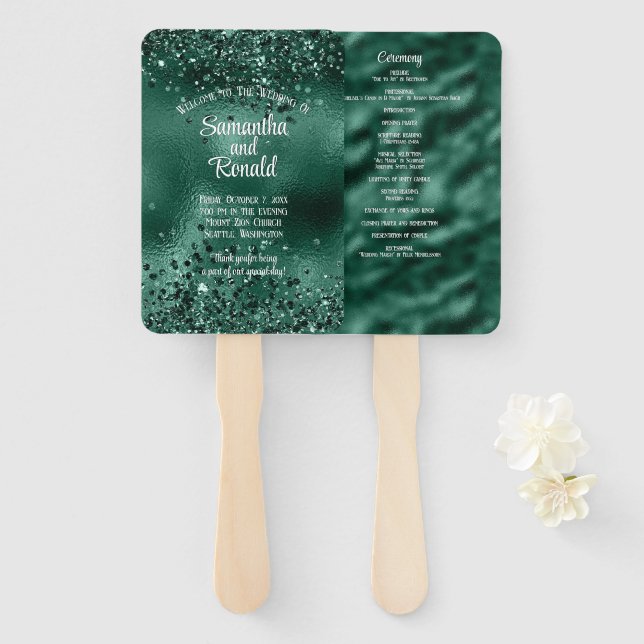 Hochzeitsprogramm für elegante Imitate Grüner Glit Fächer (Vorne und Hinten)
