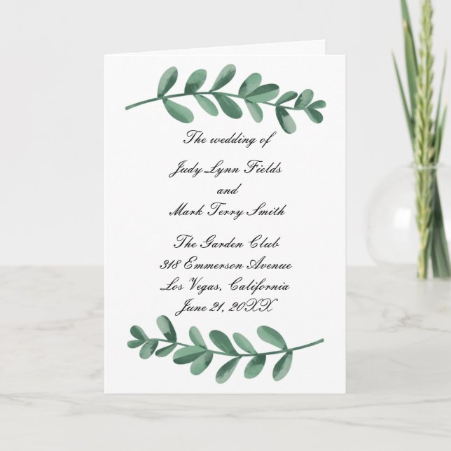 Hochzeitsprogramm für elegante Watercolor-Grüne Bl Karte (Vorderseite)