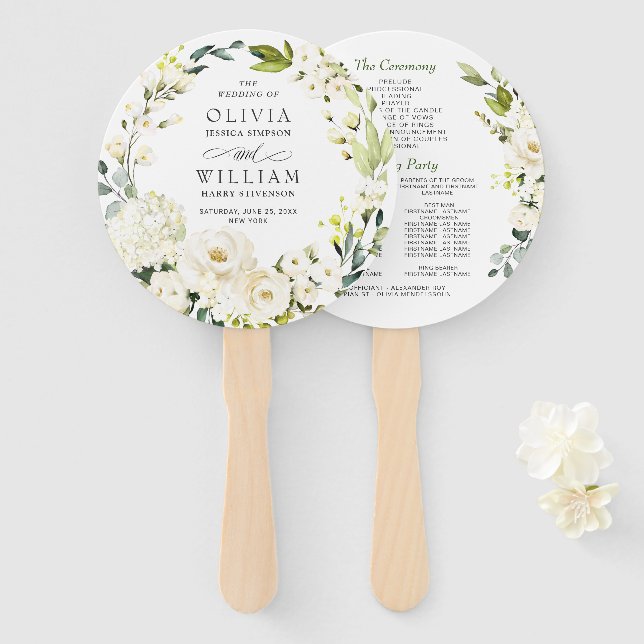 Hochzeitsprogramm für elegante Weiße Rosen Fächer (Vorne und Hinten)