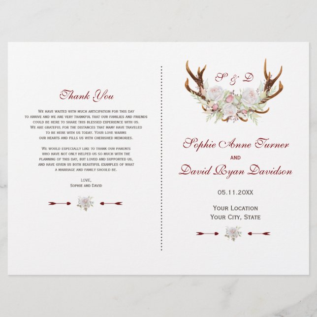 Hochzeitsprogramm für elegante White Blume Antlers (Vorderseite)