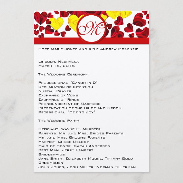 Hochzeitsprogramm für Gelb und Rote Rosen Programm (Vorderseite)