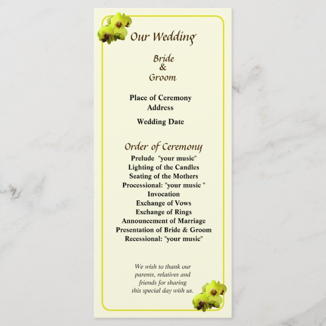 Hochzeitsprogramm für Gelbe Orchideen Programm (Vorderseite)