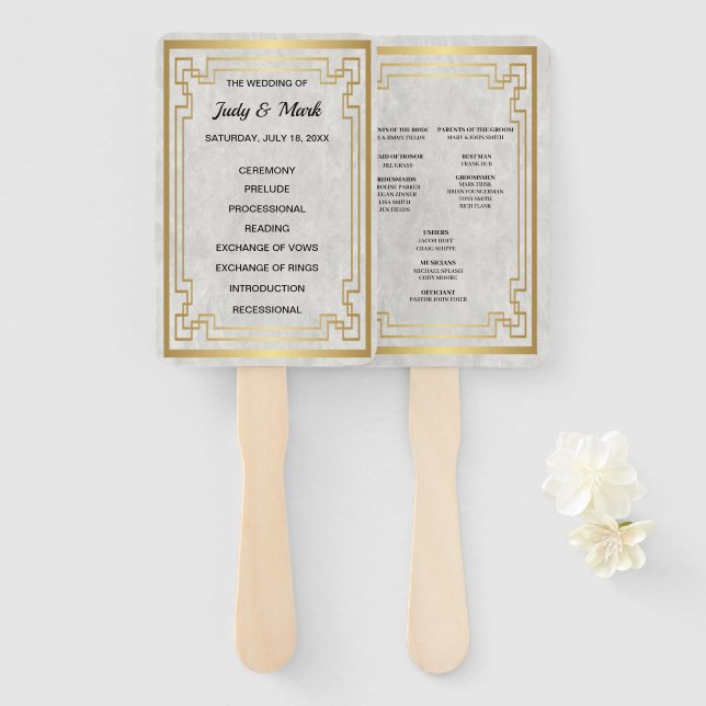 Hochzeitsprogramm für goldene Rahmen mit weißem Ma Fächer (Vorne und Hinten)