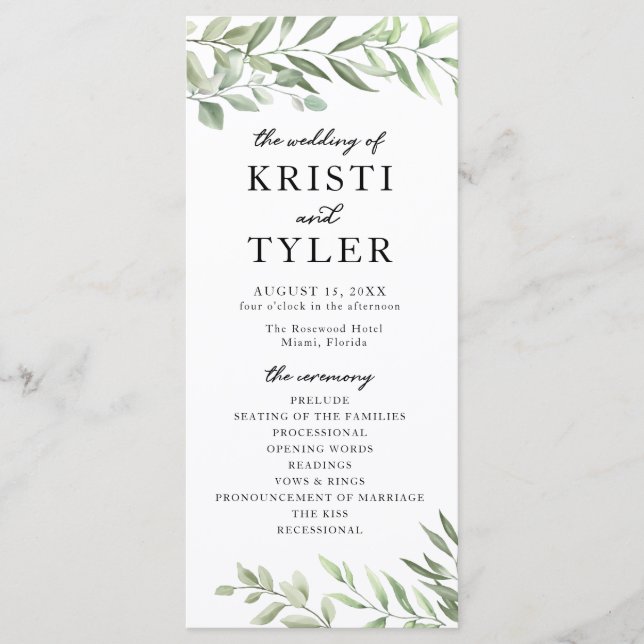 Hochzeitsprogramm für Grüne Blätter Programm (Vorderseite)