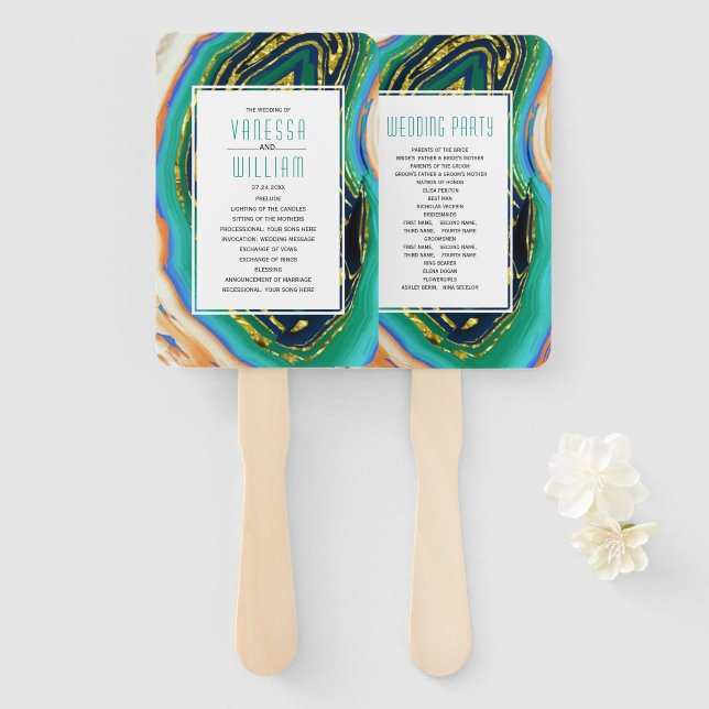 Hochzeitsprogramm für grüne, blaue, pfirsichfarben fächer (Vorne und Hinten)