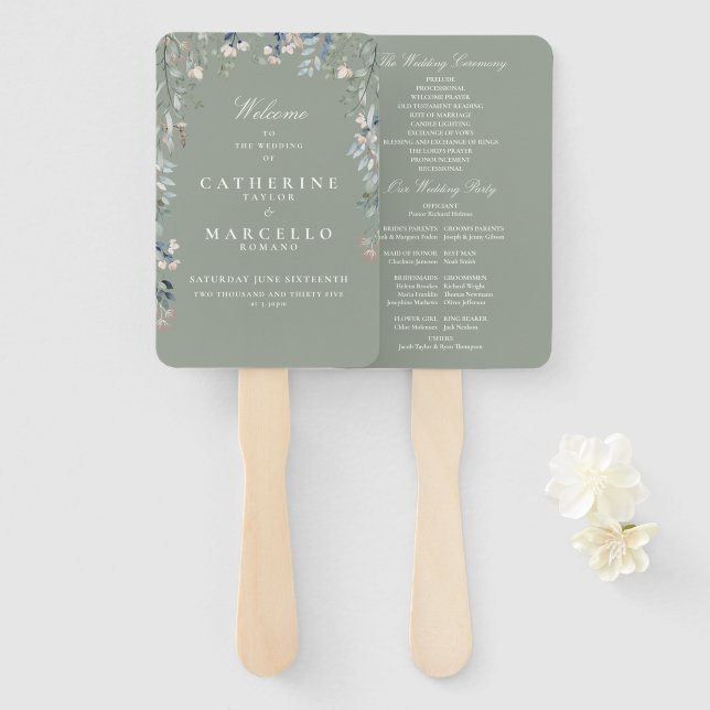 Hochzeitsprogramm für grüne Blumenkaskade Fächer (Vorne und Hinten)