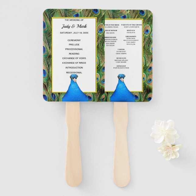 Hochzeitsprogramm für grüne und blaue Pfaue Fächer (Vorne und Hinten)