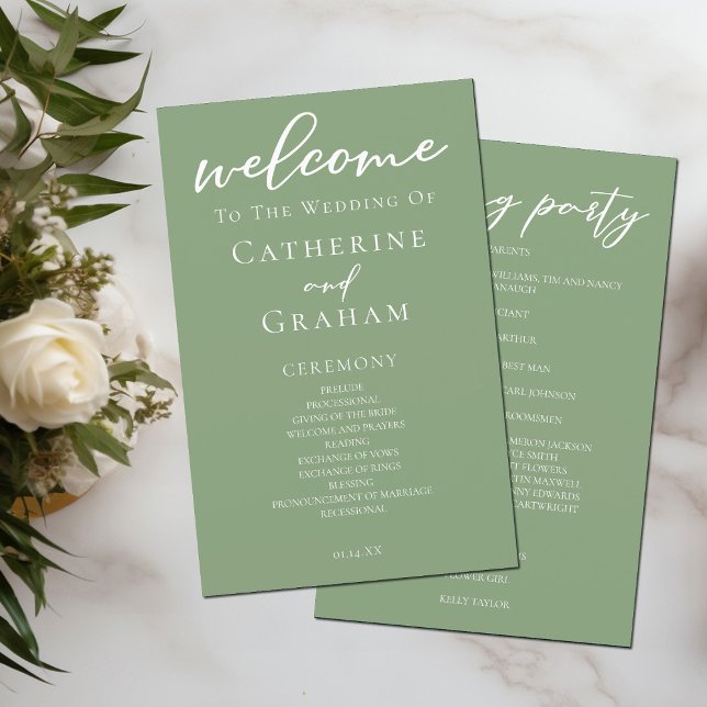 Hochzeitsprogramm für grüne weiße Typografie (Von Creator hochgeladen)