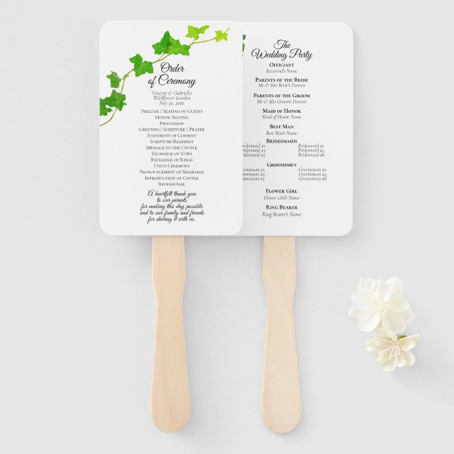 Hochzeitsprogramm für grünes Englisch - Ivy Foliag Fächer (Vorne und Hinten)