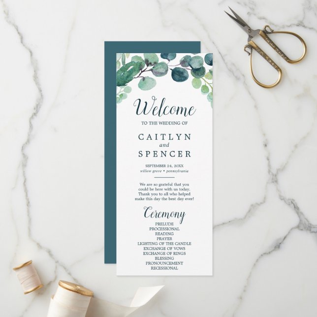 Hochzeitsprogramm für Grünpflanzen und Eukalyptus Programm (Vorderseite/Rückseite Beispiel)