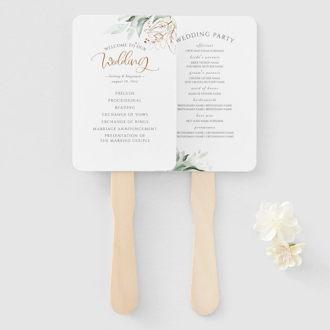 Hochzeitsprogramm für Grünpflanzen und Gold-Blätte Fächer (Vorne und Hinten)