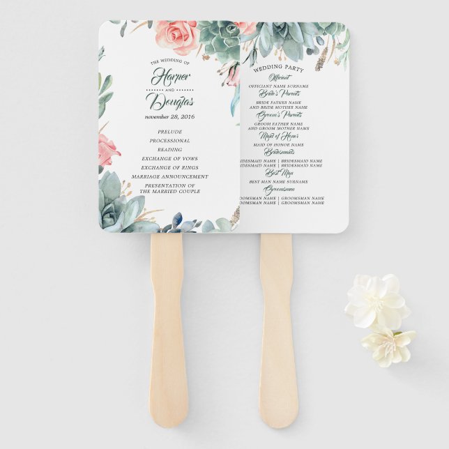 Hochzeitsprogramm für Grünpflanzen und Rosen in Ro Fächer (Vorne und Hinten)