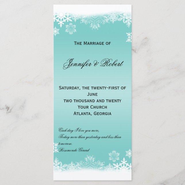 Hochzeitsprogramm für hellblaue und weiße Schneefl Programm (Vorderseite)