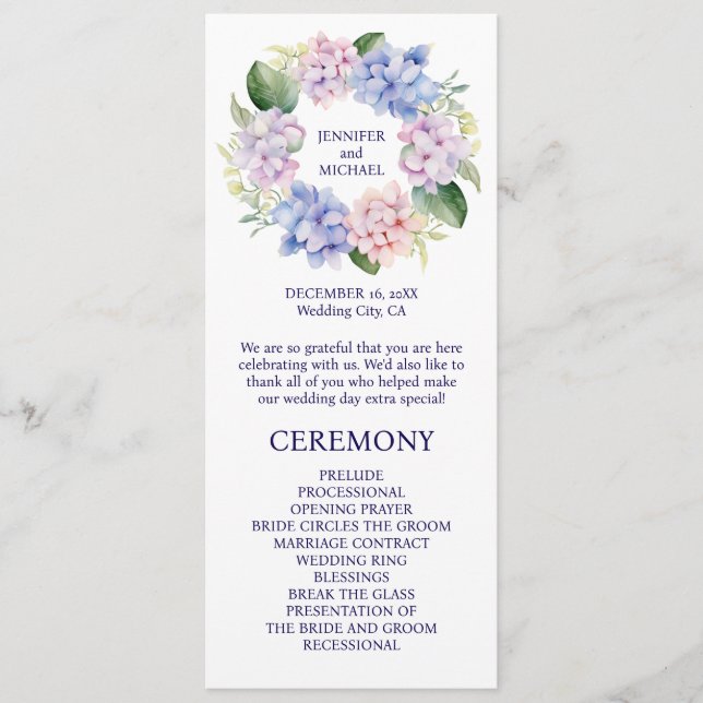 Hochzeitsprogramm für Hydrangeas Spring Flowers Programm (Vorderseite)