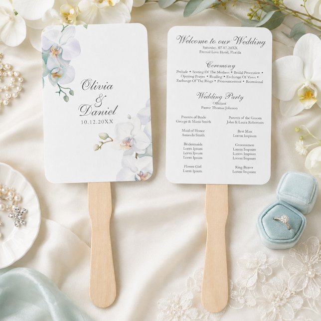 Hochzeitsprogramm für Kletterhexen: Fächer (Modern Eleganta White Orchids Wedding Program Hand Fan)