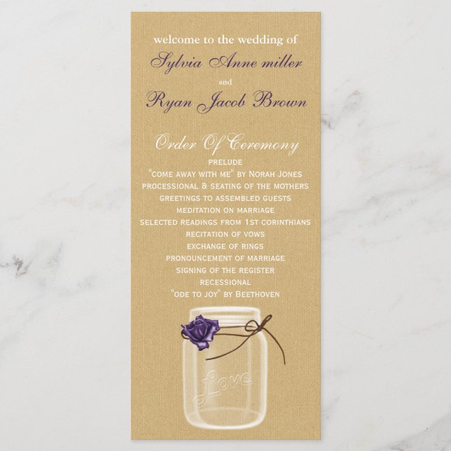 Hochzeitsprogramm für Krüge und lila Rose Programm (Vorderseite)