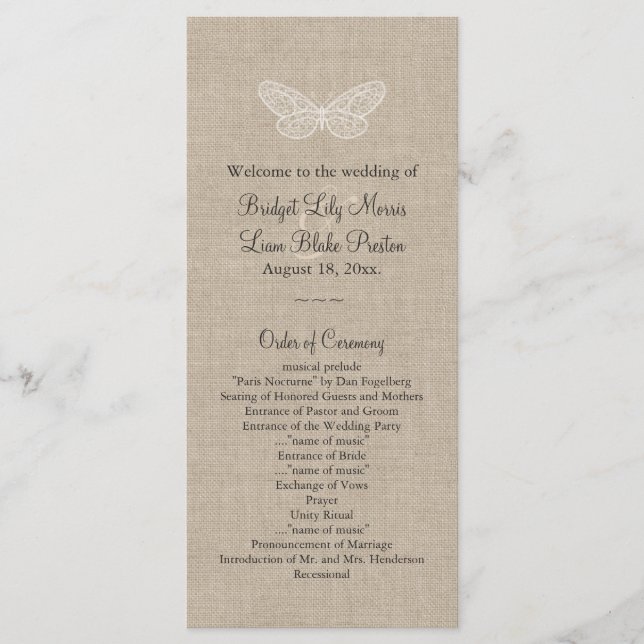 Hochzeitsprogramm für Lace Butterflies auf Burlap  Programm (Vorderseite)
