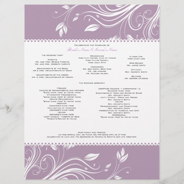 Hochzeitsprogramm für Lavendel- und Weiße Wirbel (Vorderseite)