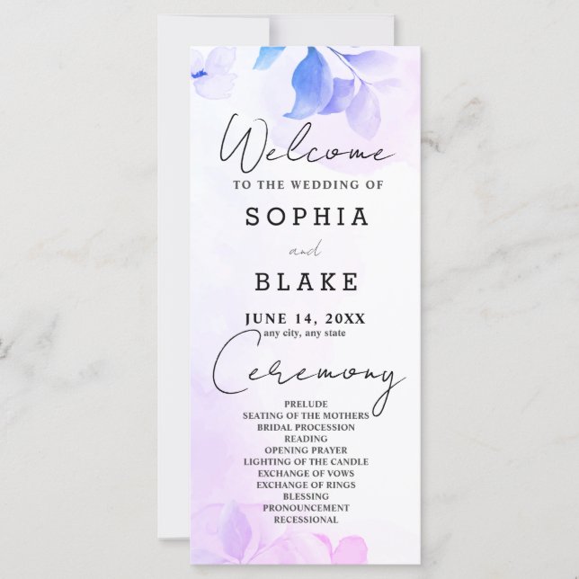 Hochzeitsprogramm für lila Blätter und Blume (Vorderseite)