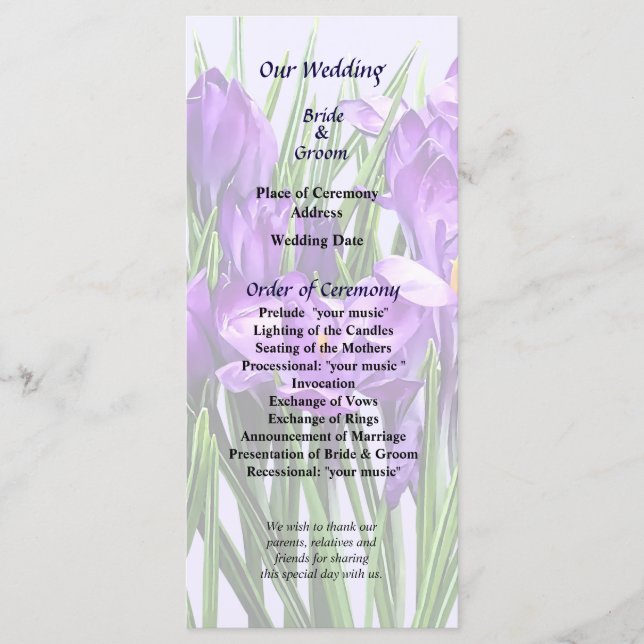 Hochzeitsprogramm für lila Crocuses Programm (Vorderseite)
