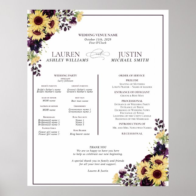 Hochzeitsprogramm für Lila Sonnenblumen Poster (Vorne)