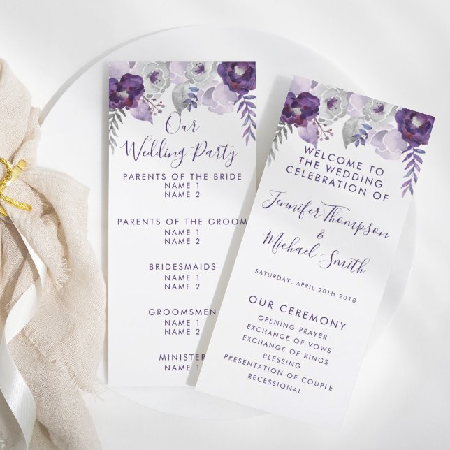 Hochzeitsprogramm für lila und Silberflorensaison Programm (Purple & Silver Watercolor Floral Wedding Program)