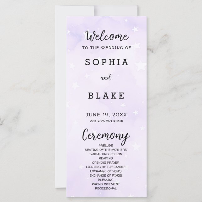 Hochzeitsprogramm für lila und weiße Sterne (Vorderseite)