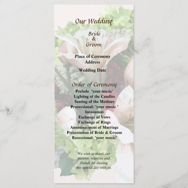 Hochzeitsprogramm für Lilies, Hydrangea und Berrie Programm (Vorderseite)