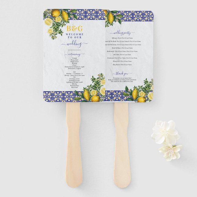 Hochzeitsprogramm für mediterrane Tile Lemon Fächer (Vorne und Hinten)