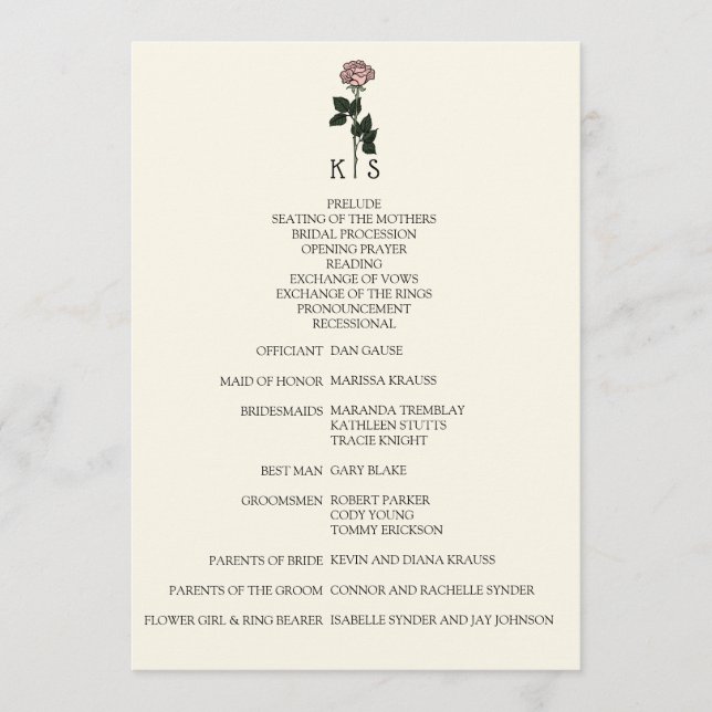 Hochzeitsprogramm für Minimalistische Rosa Monogra Programm (Vorderseite)