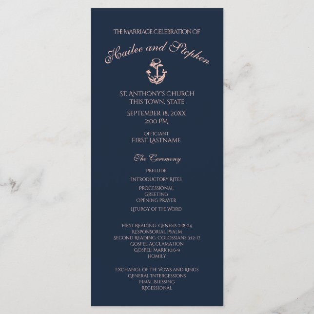 Hochzeitsprogramm für Nautical Blush und Navy Blue Programm (Vorderseite)