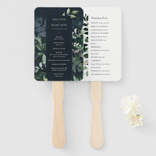 Hochzeitsprogramm für Navy Black Green Leafy Folia Fächer