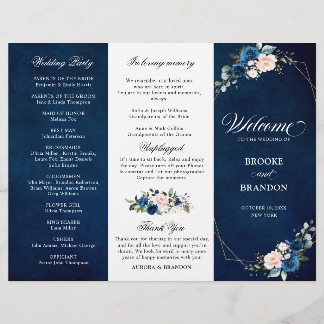 Hochzeitsprogramm für Navy Blue Blush Rose (Vorderseite)
