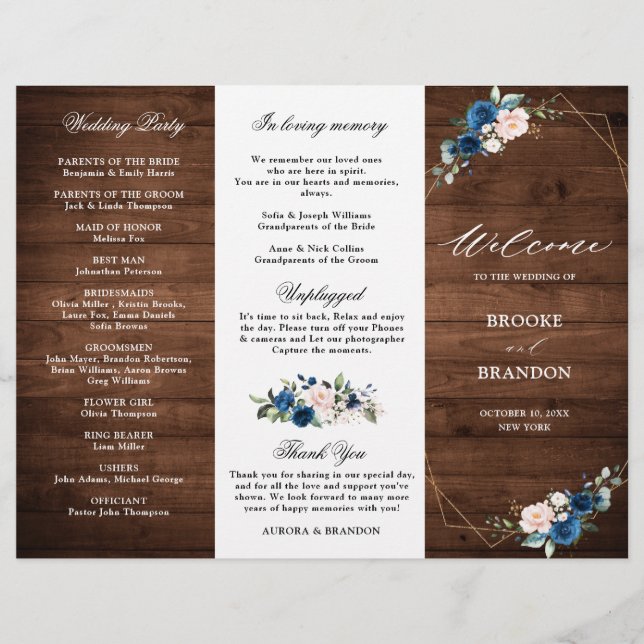 Hochzeitsprogramm für navy Blue Blush Rustic Wood  (Vorderseite)
