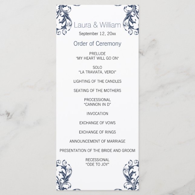 Hochzeitsprogramm für Navy Blue Damask Programm (Vorderseite)