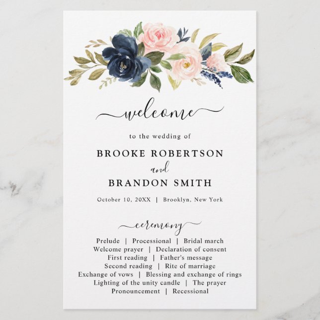 Hochzeitsprogramm für Navy Blue Dusty Blush Pink F (Vorderseite)