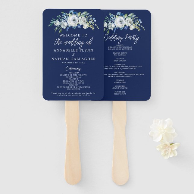 Hochzeitsprogramm für Navy Blue Floral Modern Wint Fächer (Vorne und Hinten)