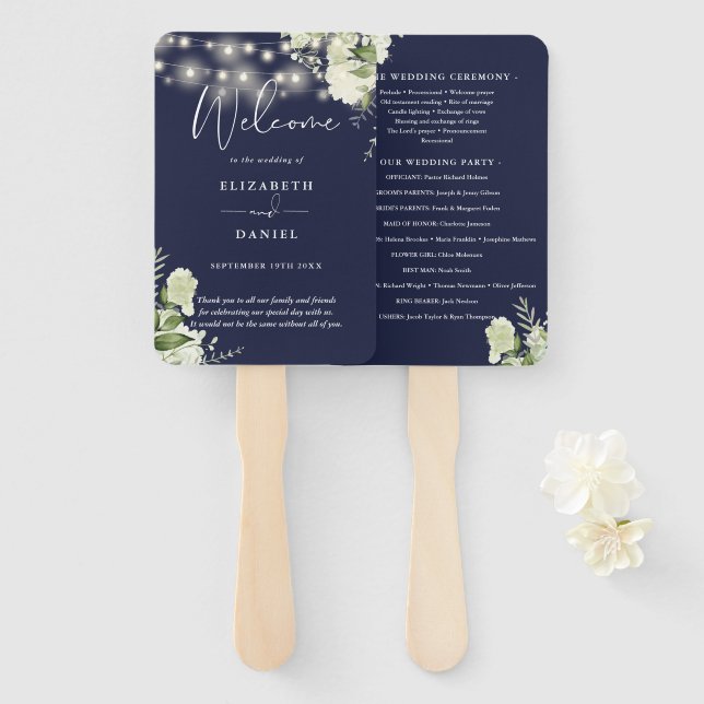 Hochzeitsprogramm für Navy Blue Floral String Ligh Fächer (Vorne und Hinten)