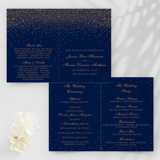 Hochzeitsprogramm für Navy Blue & Glam Gold Confet (Von Creator hochgeladen)