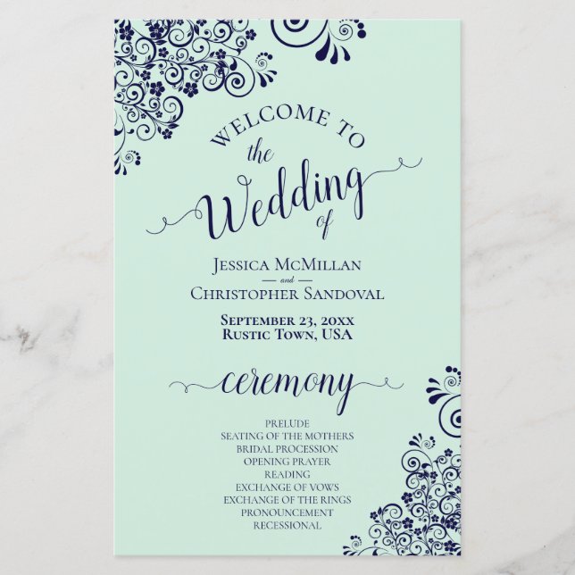 Hochzeitsprogramm für Navy Blue & Mint Green BUDGE (Vorderseite)